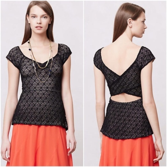 Anthropologie Tops - Anthropologie Black Lace Peplum Top Open Back